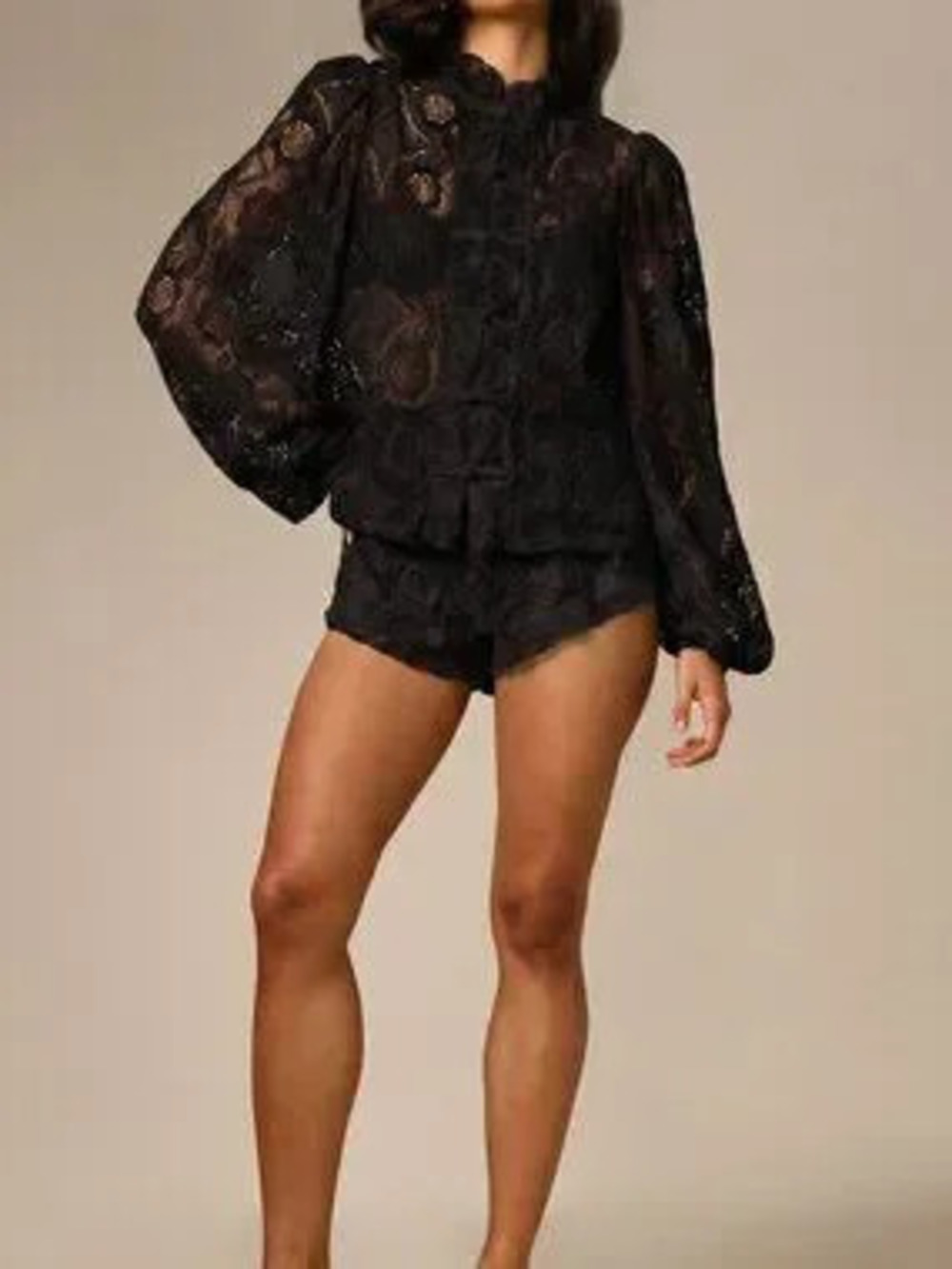 ZARA Black Elegant Women's Sheer Floral Lace Patchwork Puff Sleeve Blouse